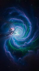 Obraz premium Swirling nebula in blue, green, and purple hues, cosmic dust and gas forming a spiral pattern, representing the vastness and mystery of space, ideal for astronomy or science fiction themes