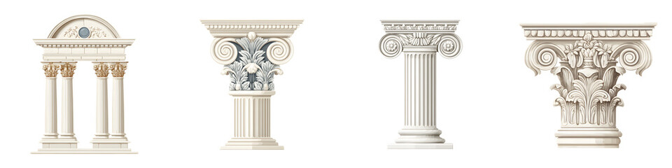 Classical Architectural Columns: Ionic, Doric, Corinthian Isolated