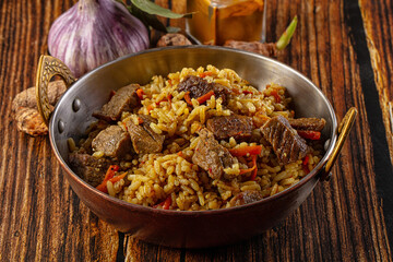 Asian traditional pilaf with beef