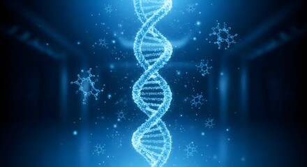 Glowing double helix DNA strand floating in a futuristic digital scientific laboratory background with molecular structures and abstract particles representing genetic engineering and research