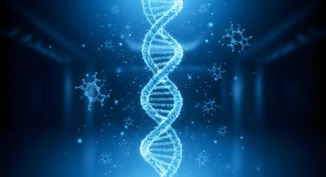 Glowing double helix DNA strand floating in a futuristic digital scientific laboratory background with molecular structures and abstract particles representing genetic engineering and research