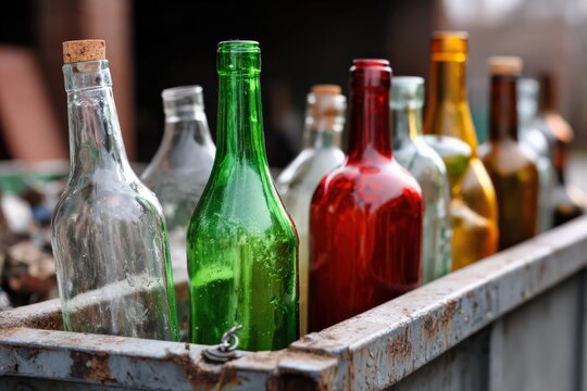 Glass bottles sorted by color for recycling in an outdoor facility Generative AI