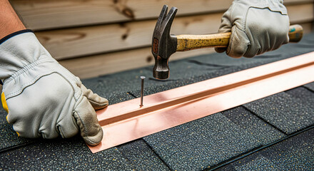 Roofing Installation - Hammering a Copper Strip onto Asphalt Shingles