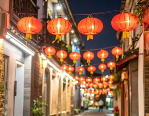 Fototapeta premium Hanging Chinese Lanterns on Traditional Old Street