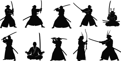 Obraz premium Silhouettes of samurai warriors in various fighting poses, traditional Japanese swords, meditation, katana, ancient martial arts, warrior culture, samurai helmet