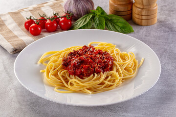 Italian pasta spaghetti bolognese with minced beef meat and tomato sauce