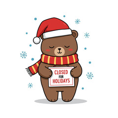 Obraz premium A cute cartoon bear wearing a Santa hat and scarf, holding a 