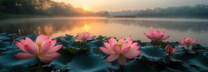 Rural rice field with lotus pond, morning fog, and wooden footbridg