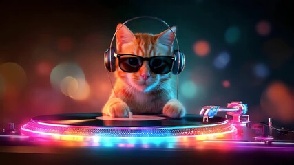 Playful DJ cat with glowing sunglasses spinning records on a shiny LED deck, surrounded by animated disco colors and flashing lights - Powered by Adobe