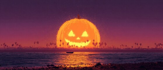 Surreal Halloween Beach with a Giant Jack-o'-Lantern as the Sun, Rising Over the Ocean, casting a Fiery Glow and Shadowy Palm Trees