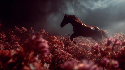 Horse Gallop Through Surreal Flower Field, Noir Dreamscape