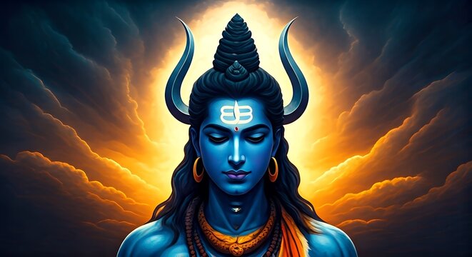 Blue Deity Meditation: Cosmic Divinity with Third Eye Amidst Glowing Clouds
