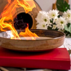 Burning liquid in a dish, flowers, book
