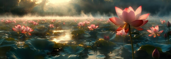 Rural rice field with lotus pond, morning fog, and wooden footbridg