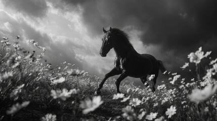 Horse Gallop Through Surreal Flower Field, Noir Dreamscape