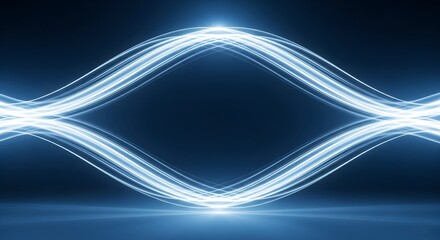 Glowing light trails forming an abstract, symmetrical eye-like shape, representing data flow, network communication, technology, futuristic energy, and digital concepts