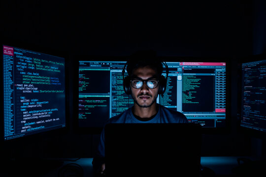 Portrait of young adult Asian man wearing glasses and headphones looking at computer screens displaying code, sitting in dark room surrounded by multiple monitors, programming at night