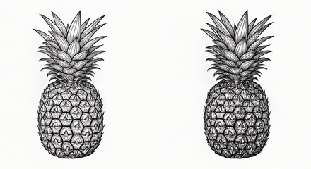 Detailed Black and White Pineapple Illustrations. Hand-Drawn Tropical Fruit Art, Engraved Style on White Background.