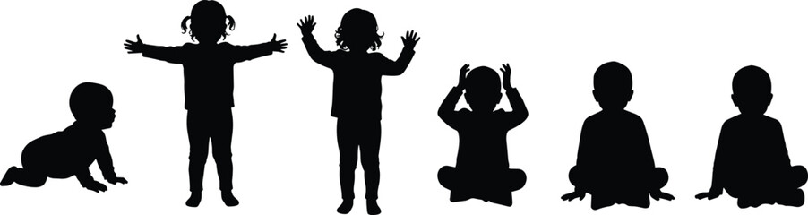 Baby silhouettes, toddler vector clipart, crawling infant outlines, sitting child shadow, playing kids shapes, baby poses graphic, children silhouette design