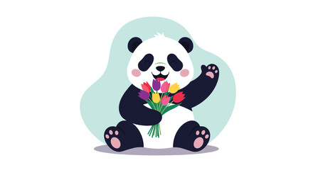 Naklejka premium Adorable panda bear sitting and holding a bouquet of colorful tulips waving hello