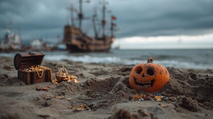 An Adventurous Pirate-Themed Jack-o'-Lantern Buried on a Beach Next to a Treasure Chest and a Pirate Ship Under a Stormy Sky