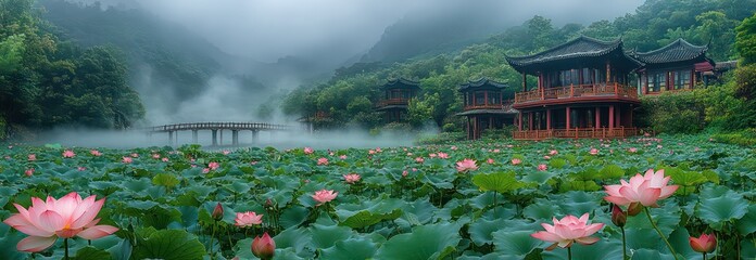 Rural rice field with lotus pond, morning fog, and wooden footbridg