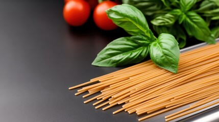 Fresh basil, ripe tomatoes, and spaghetti arranged on a sleek surface, showcasing vibrant ingredients ready for a delicious meal.
