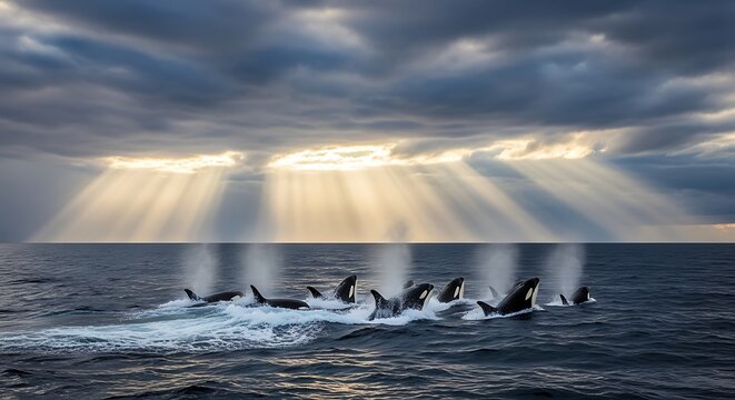 A pod of orcas breaches the ocean surface under dramatic, sunlit clouds.