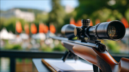 A shooter checks a scope on a rifle at an outdoor range with tripods steady wind flags fluttering long range targets in the distance and a notebook logging shots presented in