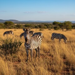 Fototapeta premium A zebra stares intently from a golden savanna other zebras grazing peacefully in the background