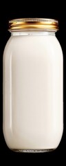Glass Jar of Milk with Gold Lid on White Background