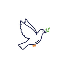 A stylized vector illustration of a white dove flying with an olive branch, symbolizing peace and freedom