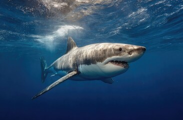 Fototapeta premium Great white shark in deep blue water