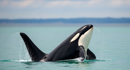 Fototapeta premium Orca leaping out of water, showcasing powerful movement in the ocean.