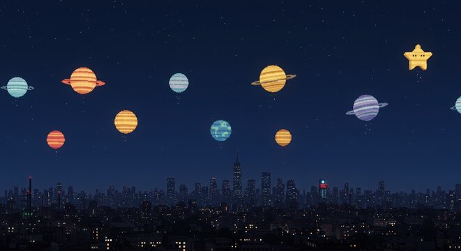 Pixel Art Planets Over Cityscape at Night