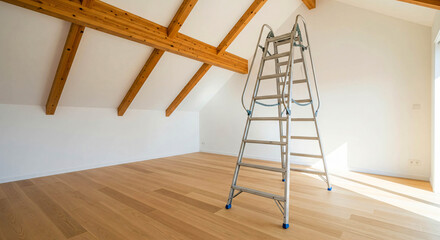 Attic Renovation: Ladder in Brightly Lit Loft Space
