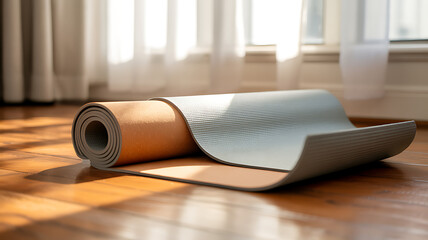 Rolled yoga mat on sunlit wooden floor ready for wellness session