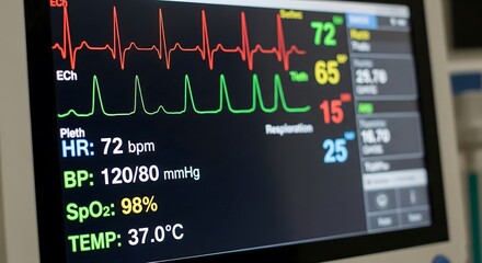 A medical monitor displays a patient's vital signs, including EKG, heart rate, oxygen levels, and blood pressure in a hospital