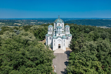 Naklejka premium Oplenac, Topola, Sumadija, Central Serbia. Aerial drone view Panorama of city