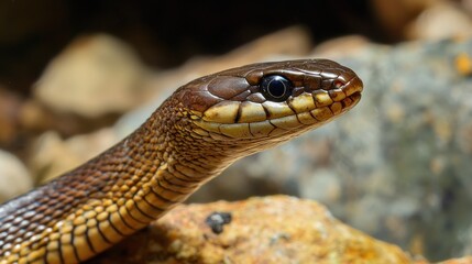 Obraz premium A brown snake with a yellow stripe on its head, resting on a rocky surface with a blurred background.