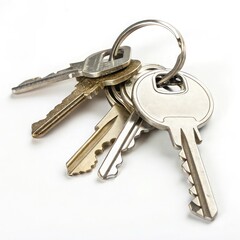 A bunch of assorted metal keys attached to a silver keyring on a white background