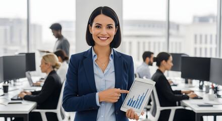 Smiling businesswoman in a blue suit points to a graph on a clipboard in a modern office setting with colleagues working in the background.