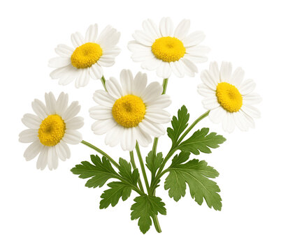 Whole feverfew flowers on a white background