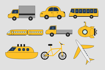 Transportation Clipart Set with Cars, Buses, Trucks, Trains and Airplanes