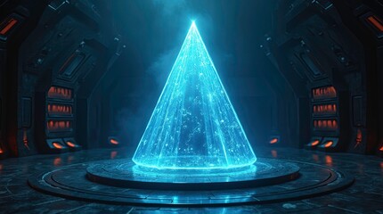 35mm photo of a fox play in a glowing blue digital obelisk floating on a circular platform