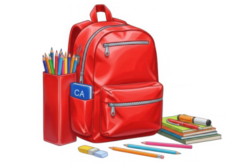 Red backpack with school supplies ready for a new adventure transparent background