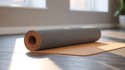 Rolled yoga mat ready for a home workout session on a clean floor