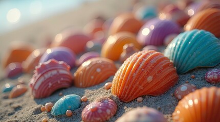 Colorful beach shells and pebbles scattered on sand creating a vibrant summer beach scene