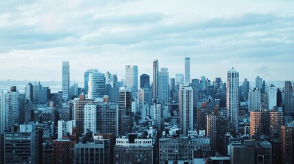 Fototapeta premium A panoramic view of a modern city skyline under cloudy skies, showcasing a mix of high-rise buildings and urban architecture.