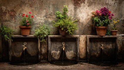 Aged stone water basins with plants